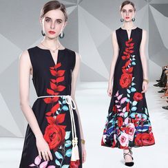Justina - Sleeveless Floral Print Midi A-Line Dress