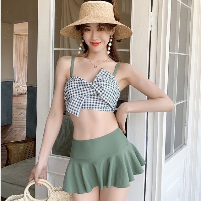 Disfraces italiano ajustar Yohemia - Set: Gingham Bikini Top + Swim Skirt | YesStyle