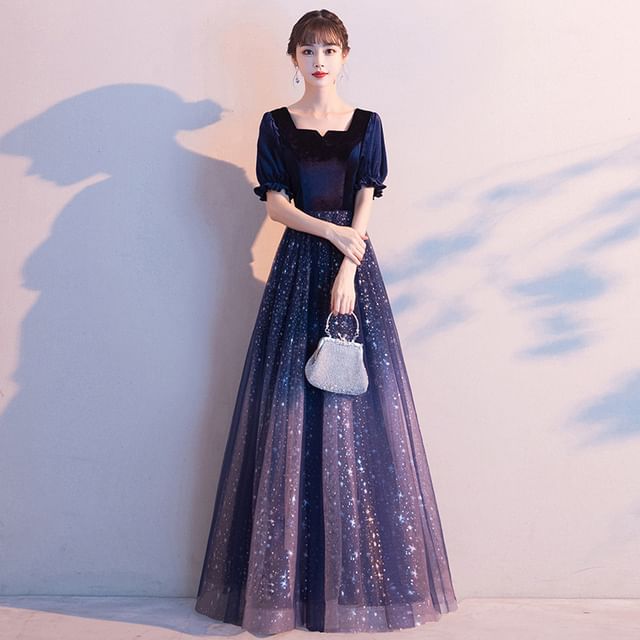 MSSBridal - Gradient Velvet Panel Mesh A-Line Cocktail Dress / Evening Gown  | YesStyle