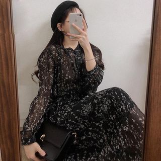 Brigitte Long-Sleeve Crew Neck Floral Print Midi A-Line Dress Sale