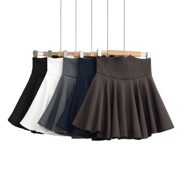 Asiris-High Waist Plain Mini A-Line Pleated Skirt
