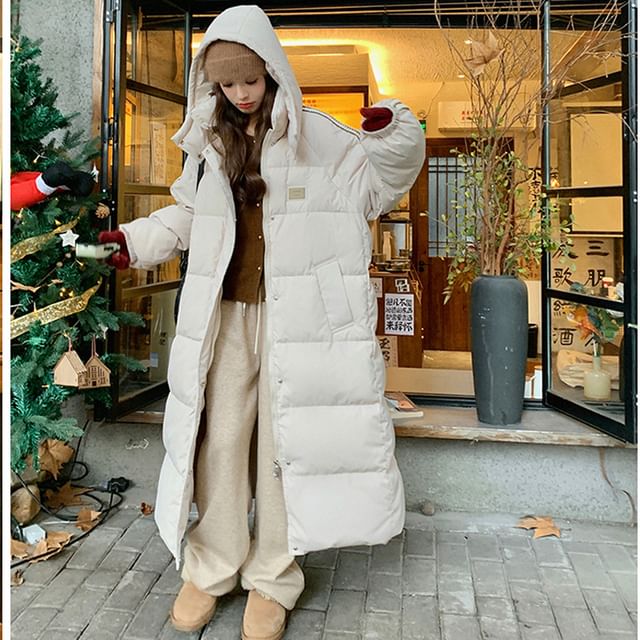 Sienne-Stand Collar Striped Hood Midi Zip Puffer Coat
