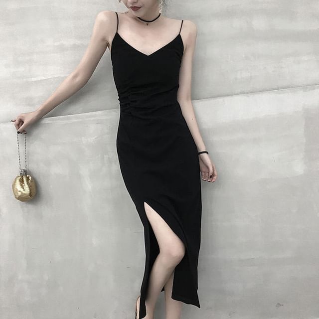 Hevnir-Spaghetti Strap V-Neck Plain Slit Midi Bodycon Dress