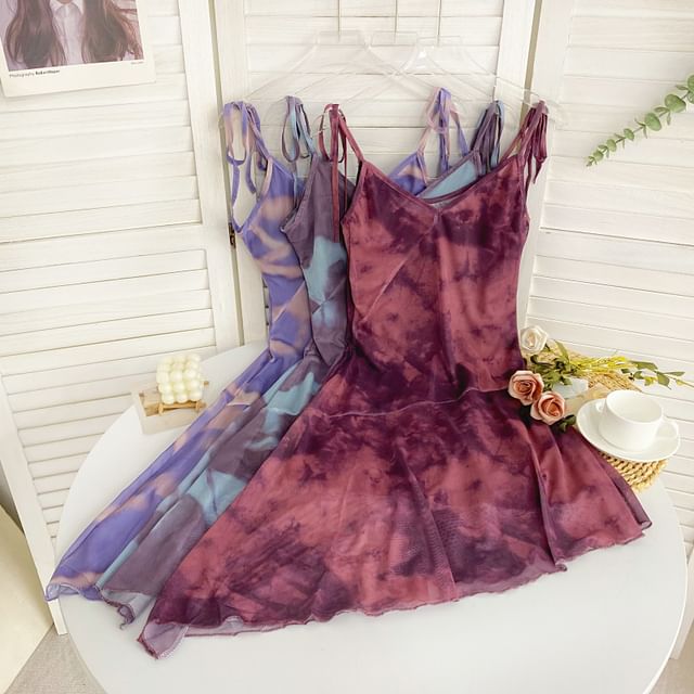 Iasia - Tie Shoulder V-Neck Tie Dye Asymmetrical Mesh A-Line Dress |  YesStyle