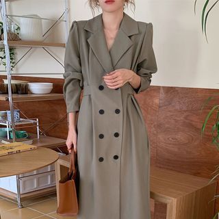 Coris Long-Sleeve Double-Breasted Midi Collared Dress Sale
