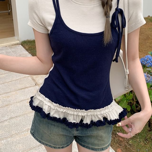 Yako-Mock Two-Piece Short-Sleeve Crew Neck Ruffle Trim Tee