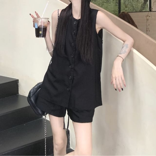 Gilmort-Round Neck Plain Button Vest Drawstring Waist Shorts