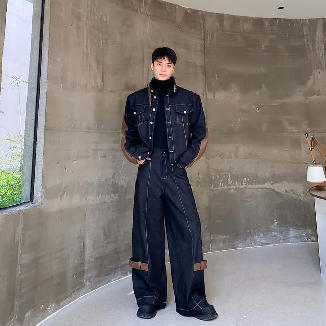 Tanjantle - Set: Stand Collar Faux Leather Panel Buckled Button-Up