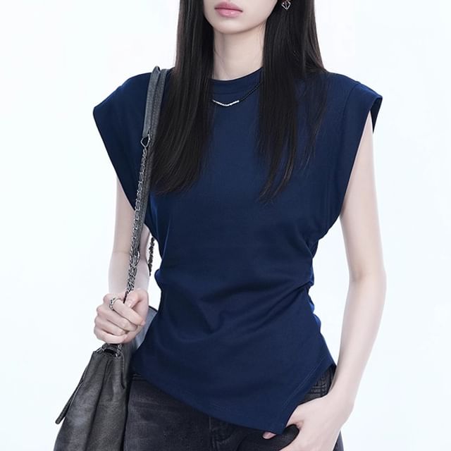 Maisee-Cap-Sleeve Crew Neck Plain Asymmetrical Tee