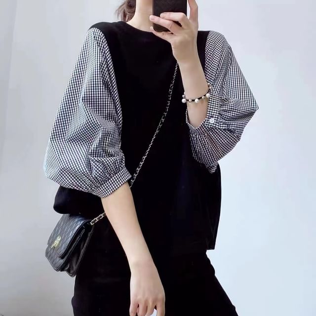 Lewwe-Puff-Sleeve Crewneck Plaid Panel Blouse Various Designs