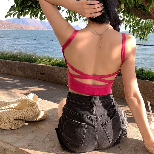 KUMI-Plain Open Back Strappy Cropped Cami Top