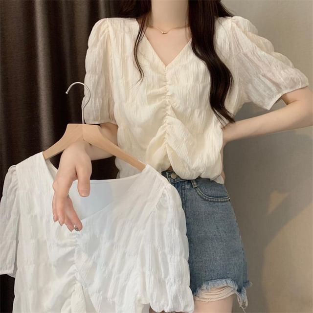 Magimomo-Short-Sleeve V-Neck Plain Ruched Blouse
