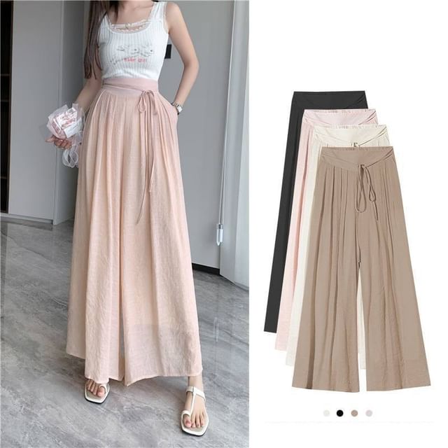 Lewwe-High Waist Plain Wide Leg Pants