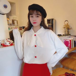 Honey Diary Tie Neck Button Accent Sweater Yesstyle