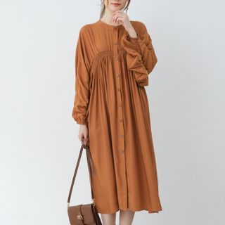 Mielle - Long-Sleeve Shirred Button-Up Midi Shift Dress | YesStyle