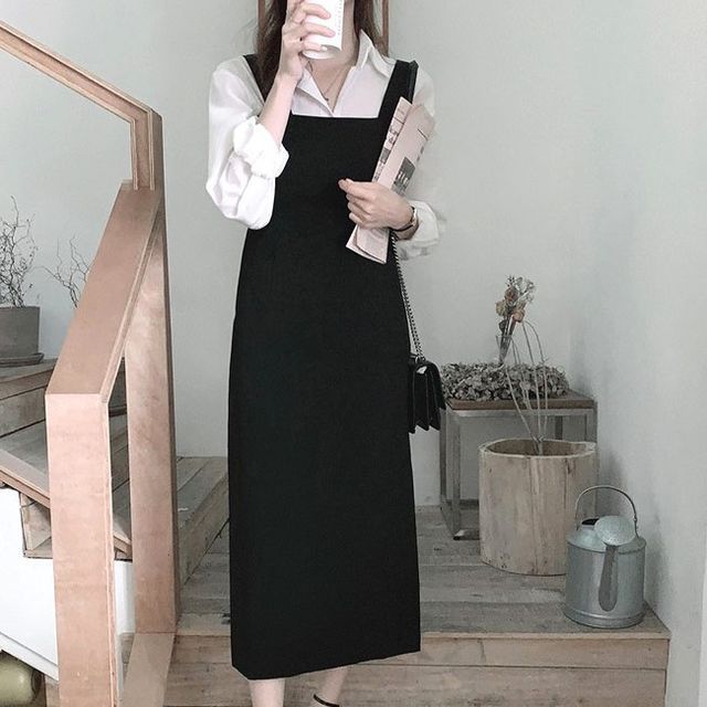 minaga - Long-Sleeve Shirt / Midi A-Line Overall Dress | YesStyle