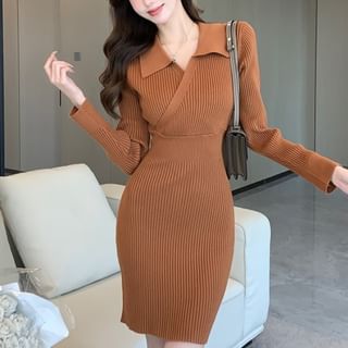 Dragan Pulse-Long-Sleeve Collared Plain Mini Sheath Knit Dress