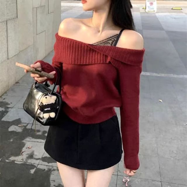 ISSOL-Mock Two-Piece Cold-Shoulder Lace Panel Sweater