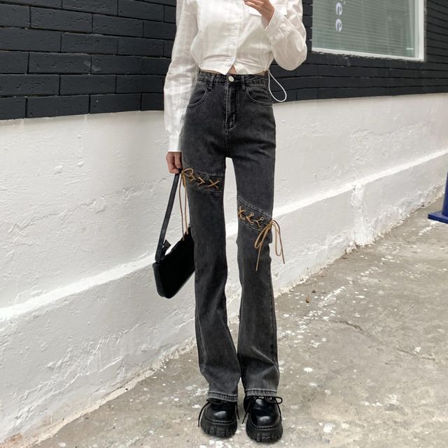 Low-Rise Lace-Up Bootcut Jeans 