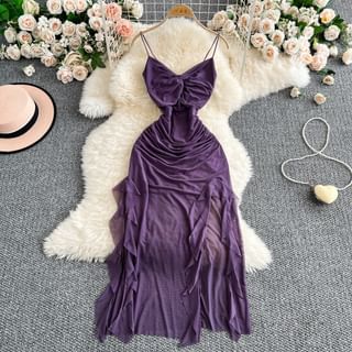 Yearnin Spaghetti Strap Plain Twist Ruched Slit Ruffle Trim Midi Bodycon Dress Sale