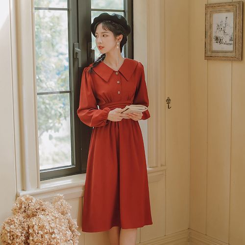 sansweet - Long-Sleeve Collared Midi A-Line Dress | YesStyle