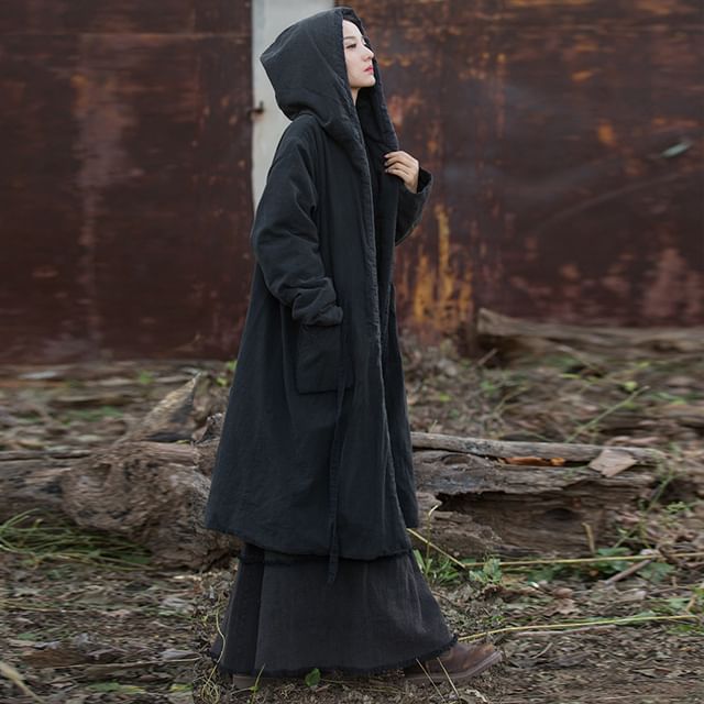 Lewwe-Plain Hooded Midi Jacket