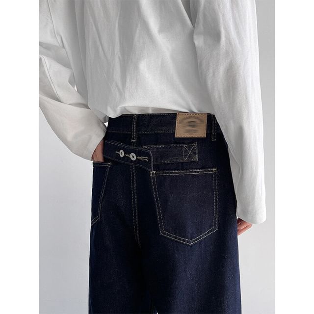 ravewider-High Waist Buttoned Back Wide Leg Jeans