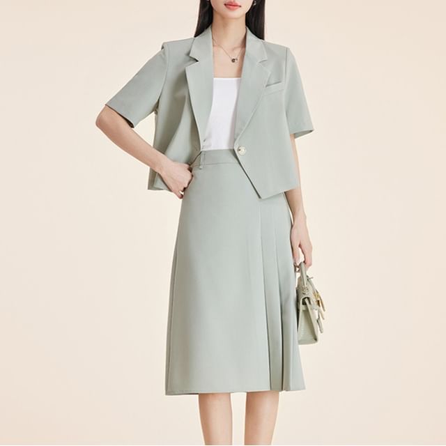 Princess Min-Set Short-Sleeve Lapel Collar Plain Single Button Blazer High Waist Plain Midi A-Line Skirt