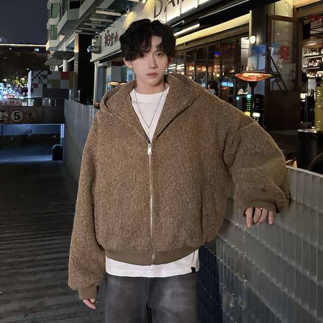 Freehop-Plain Hood Zip Jacket