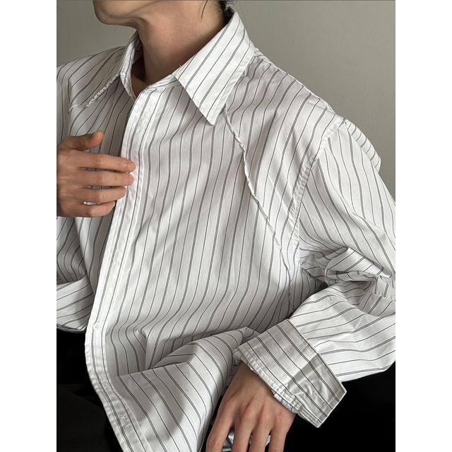 Nahagin-Long Sleeve Collared Striped Button Up Shirt