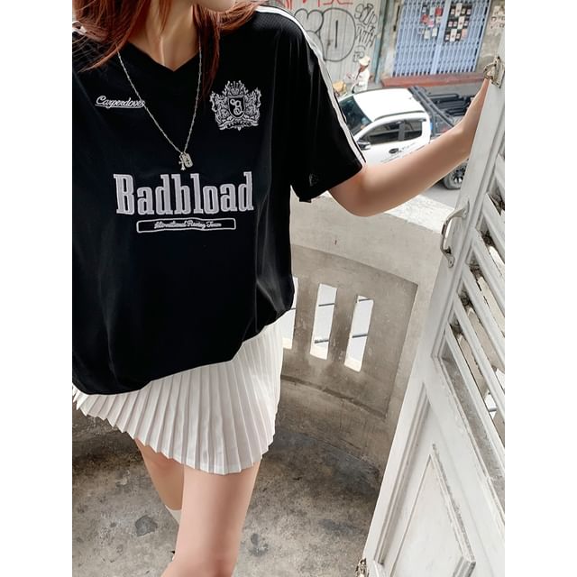 Saccharine Oversized Embroidered Jersey Tee Pleated Mini Skirt - Main Image