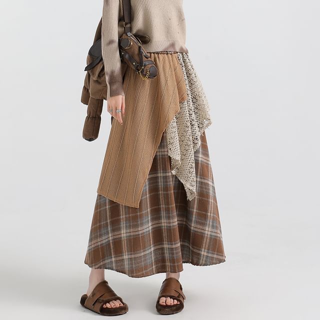 Juuri-High Waist Patchwork Plaid A-Line Maxi Skirt
