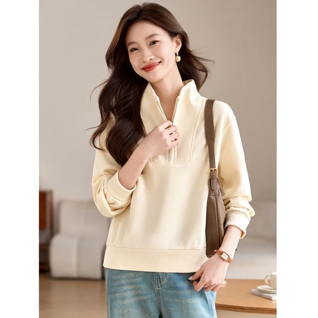 Jeonseon-Mock Neck Half Zip Plain Pullover