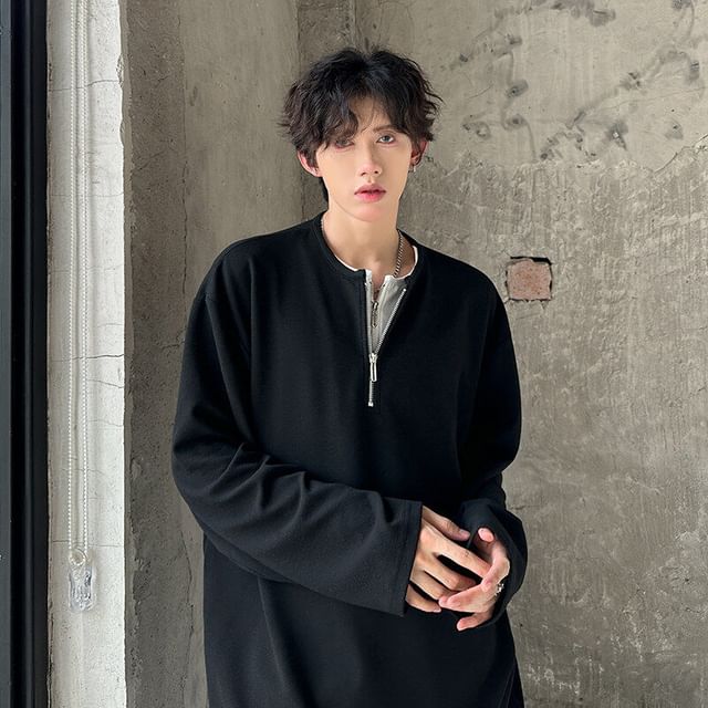 ravewider-Long-Sleeve Half-Zip Plain T-Shirt