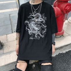 Banash - Dragon Print Elbow-Sleeve T-Shirt Banash - Dragon Print Elbow-Sleeve T-Shirt