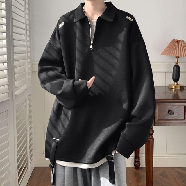 Lingaris-Collar Plain Half-Zip Buckled Sweatshirt
