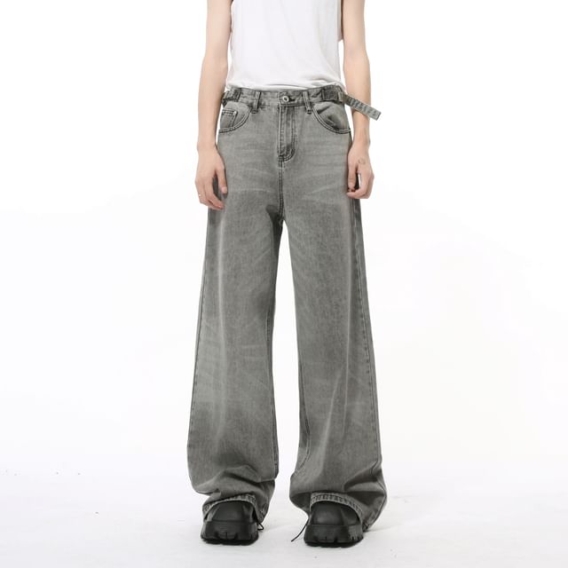 FAERIS-Mid Rise Washed Wide Leg Jeans