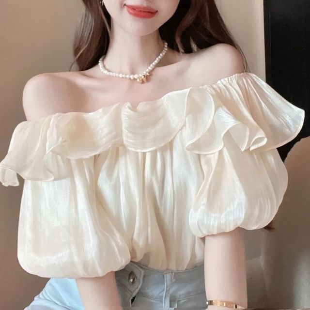 Sienne-Puff-Sleeve Off-Shoulder Plain Ruffle Trim Blouse
