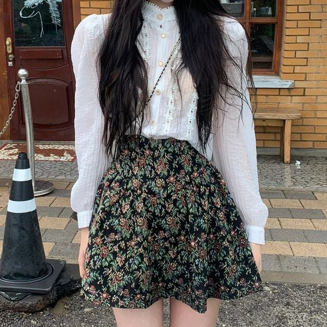 Midoray Long-Sleeve Plain Blouse High Rise Floral Mini A-Line