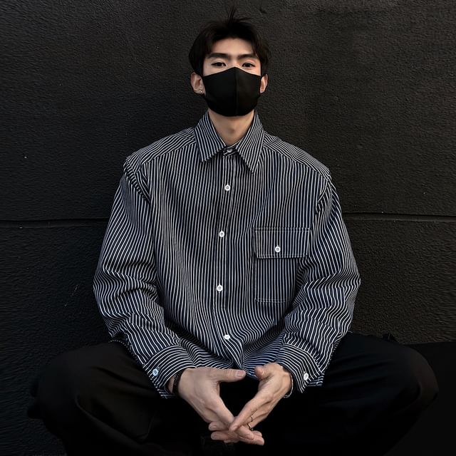 GRAYCIOUS-Long-Sleeve Striped Button-Up Shirt