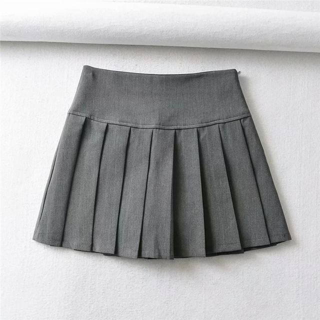 Asiris-High Waist Plain Mini Pleated Skirt