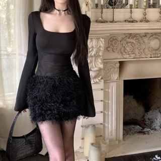 Yilda-Long Sleeve Square Neck Plain Fluffy Panel Mesh Mini Sheath Dress