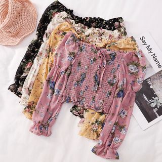 Shoulder Floral Chiffon Smocked Crop 