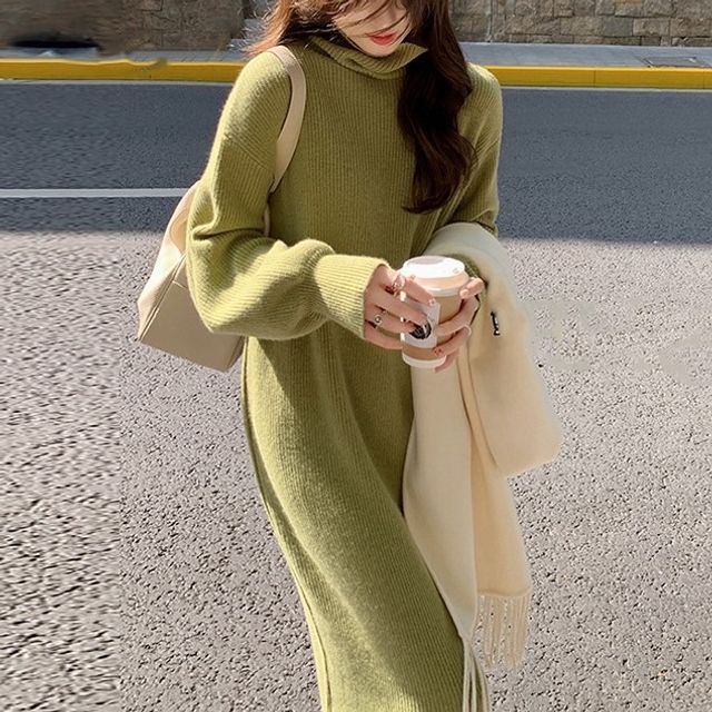 folkster green dress Long Sleeve Women Dress Turtleneck – Souad15 Boutiques