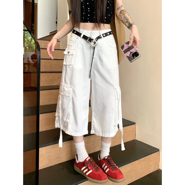 Beem-Mid Rise Washed Capri Wide Leg Cargo Jorts