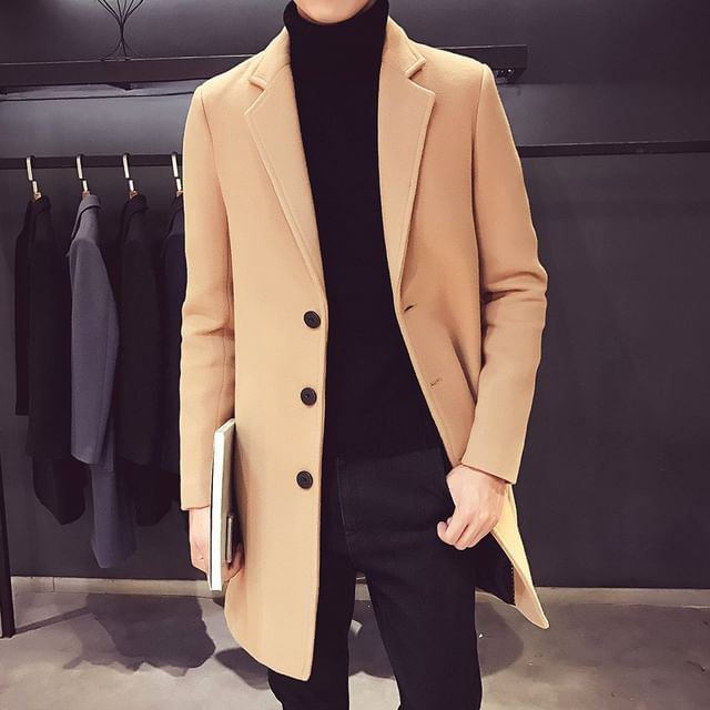 FORSETI-Notch Lapel Plain Button-Up Long Coat