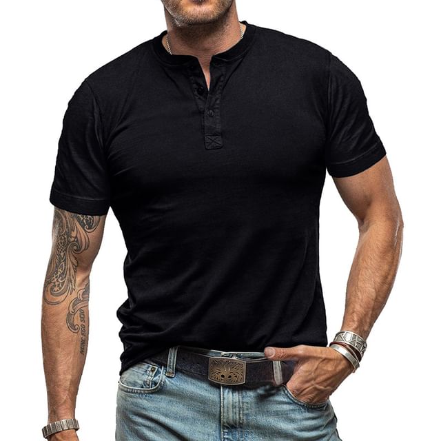 Double White-Short-Sleeve Henley Plain T-Shirt