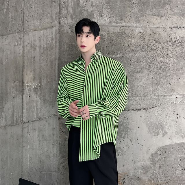 Patow-Long Sleeve Collared Striped Shirt