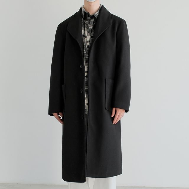 DAZO Studios-Lapel Collared Plain Single Breasted Long Coat