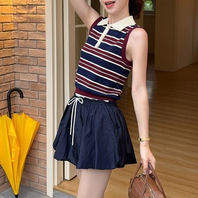 monroll-Contrast Collar Striped Knit Tank Top Drawstring Waist Plain Bubble Hem Mini A-Line Skirt